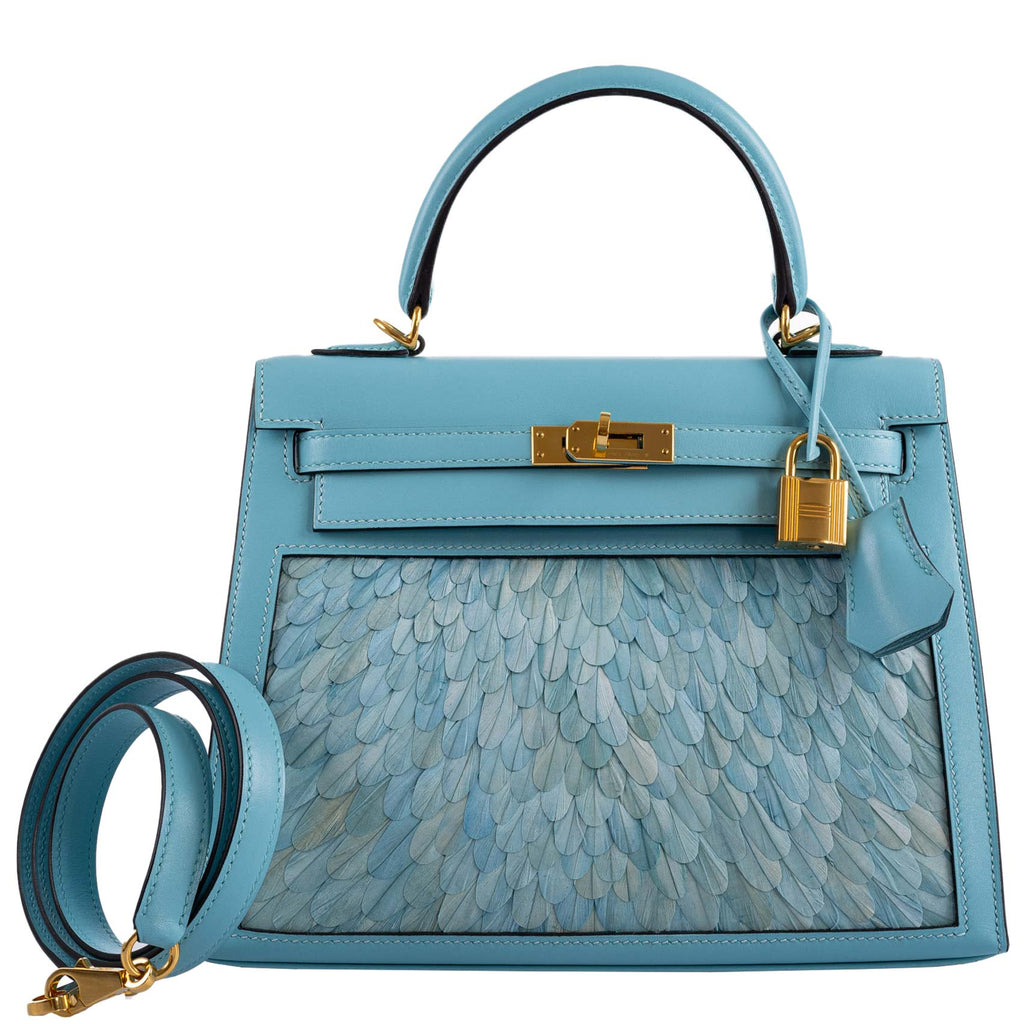 Vintage Hermes Kelly 25 Sellier Blue Atoll Tadelakt with Custom Feather Panel Gold Hardware