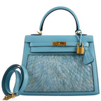 Vintage Hermes Kelly 25 Sellier Blue Atoll Tadelakt with Custom Feather Panel Gold Hardware