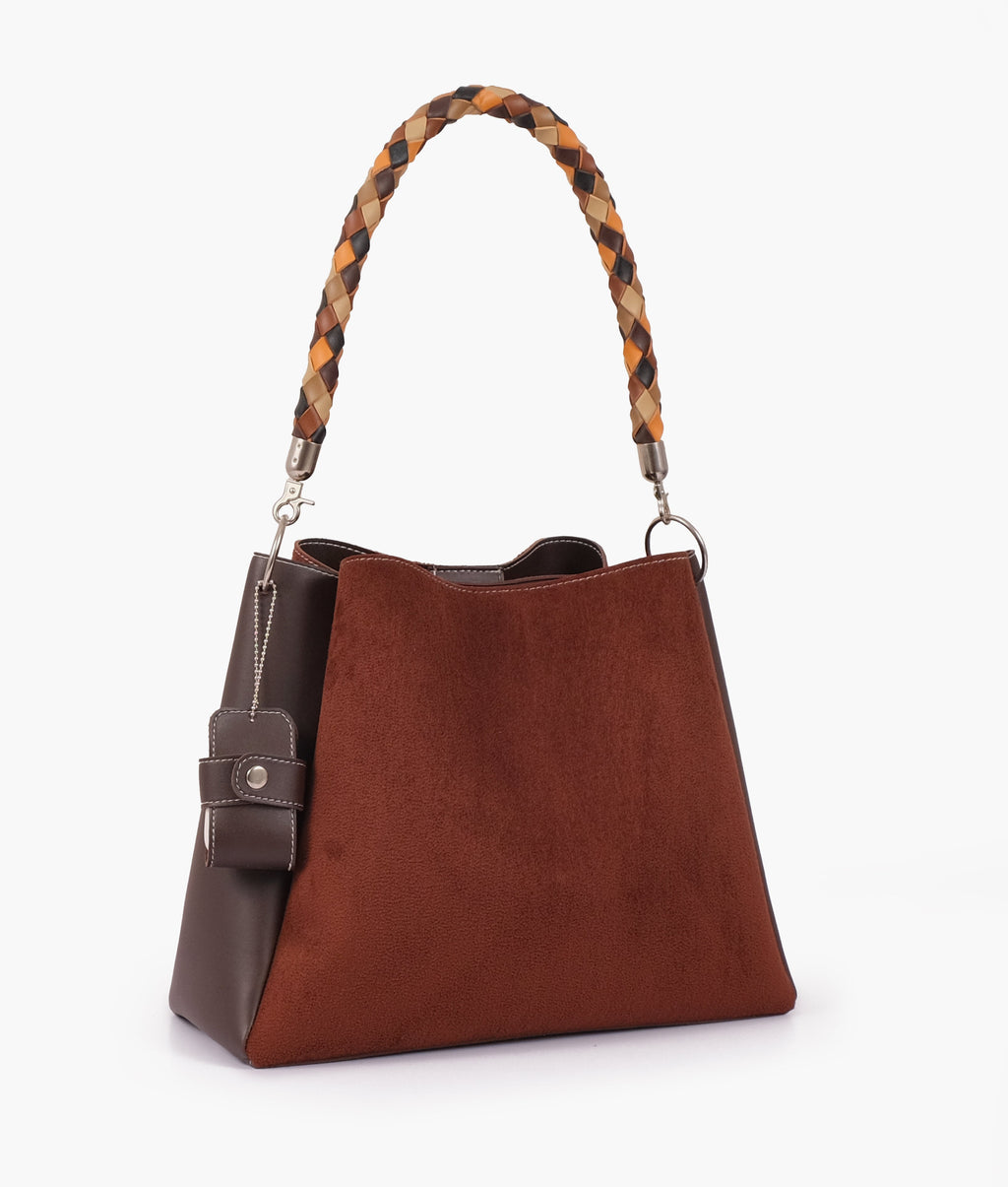 Dark brown suede handbag with braided handle