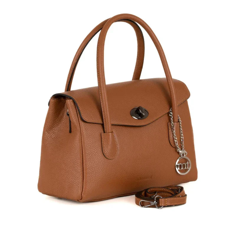 Tan Textured Flap Handbag with Turn-Lock